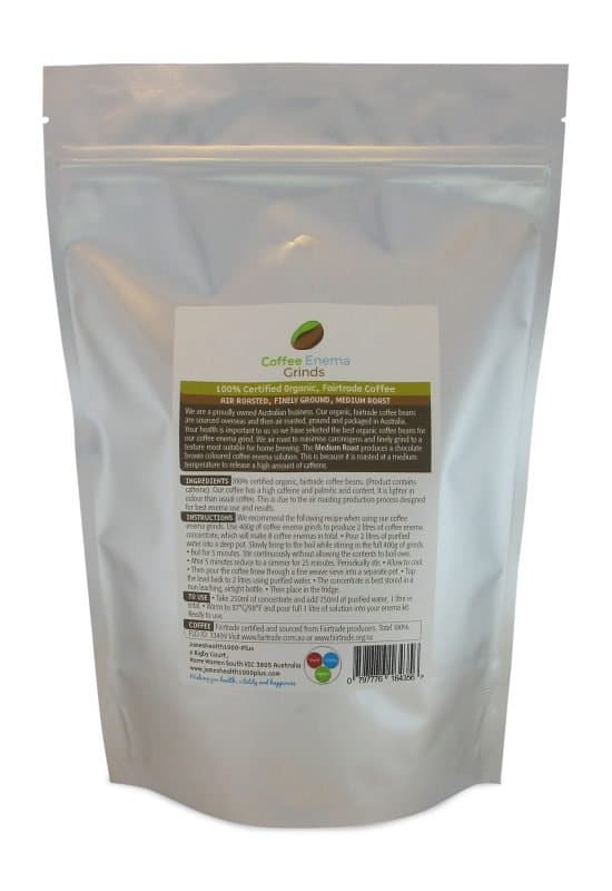 Medium Roast - Organic Fairtrade Coffee Enema Grinds Back Label - James Health 1000 Plus