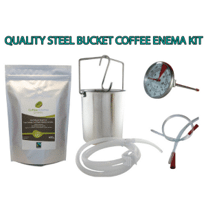 2 Litre Quality Steel Enema Bucket Coffee Enema Grinds kit Light Golden Roast variety with long flexible rectal tube and liquid temperature gauge with text