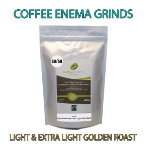 coffee enema grind bag with 50 50 light and extra light golden roast text