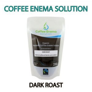 A dark roast coffee enema solution pouch sits in the middle with text above and dark roast text below