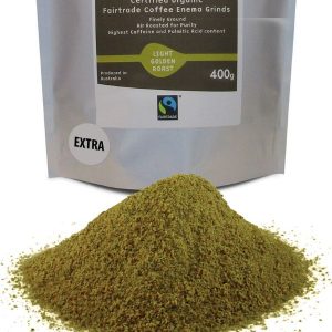 bag of extra light coffee enema grinds with a pile of grinds in front