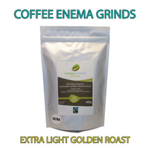 Bag of extra light golden roast coffee enema grinds with text