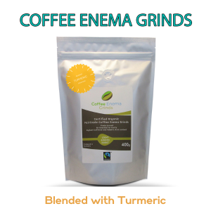 coffee enema coffee grinds with a badge for blendid turmeric